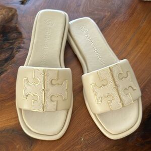 Tory Burch Cream Leather Slides Size 6
